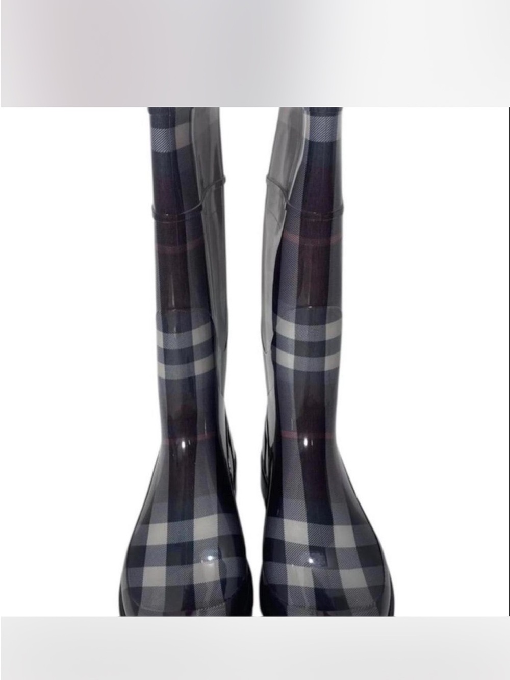 Burberry Navy Plaid Women's Tall Rain Boots - Picture 2 of 6
